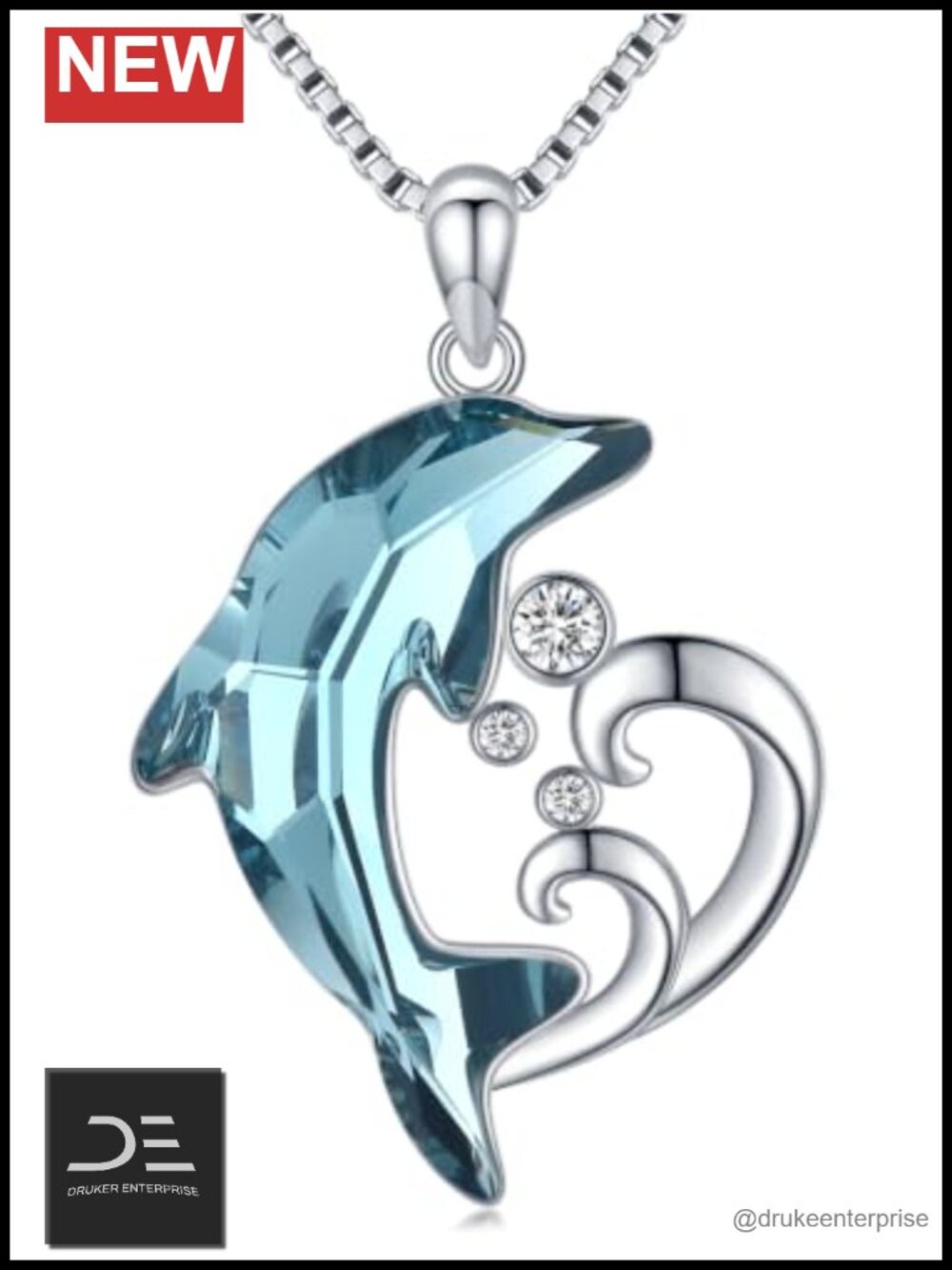 Sterling Silver Dolphin Pendant Necklace with Austrian Crystal, Ocean Wave